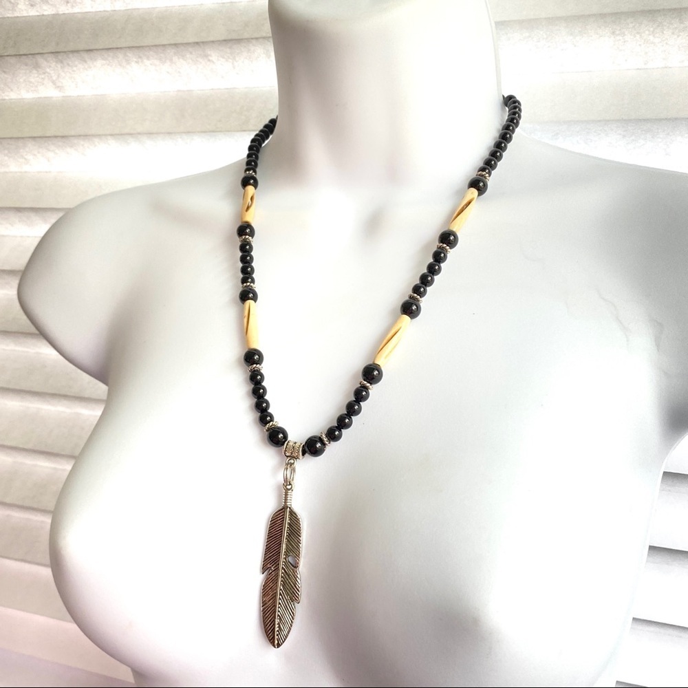 Black Glass Beads Bovine Silver Tone Feather Necklace